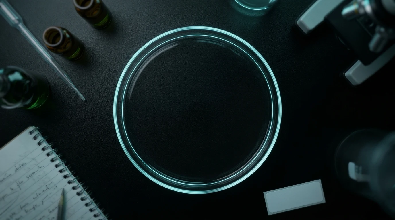 a petri dish on a black lab bench